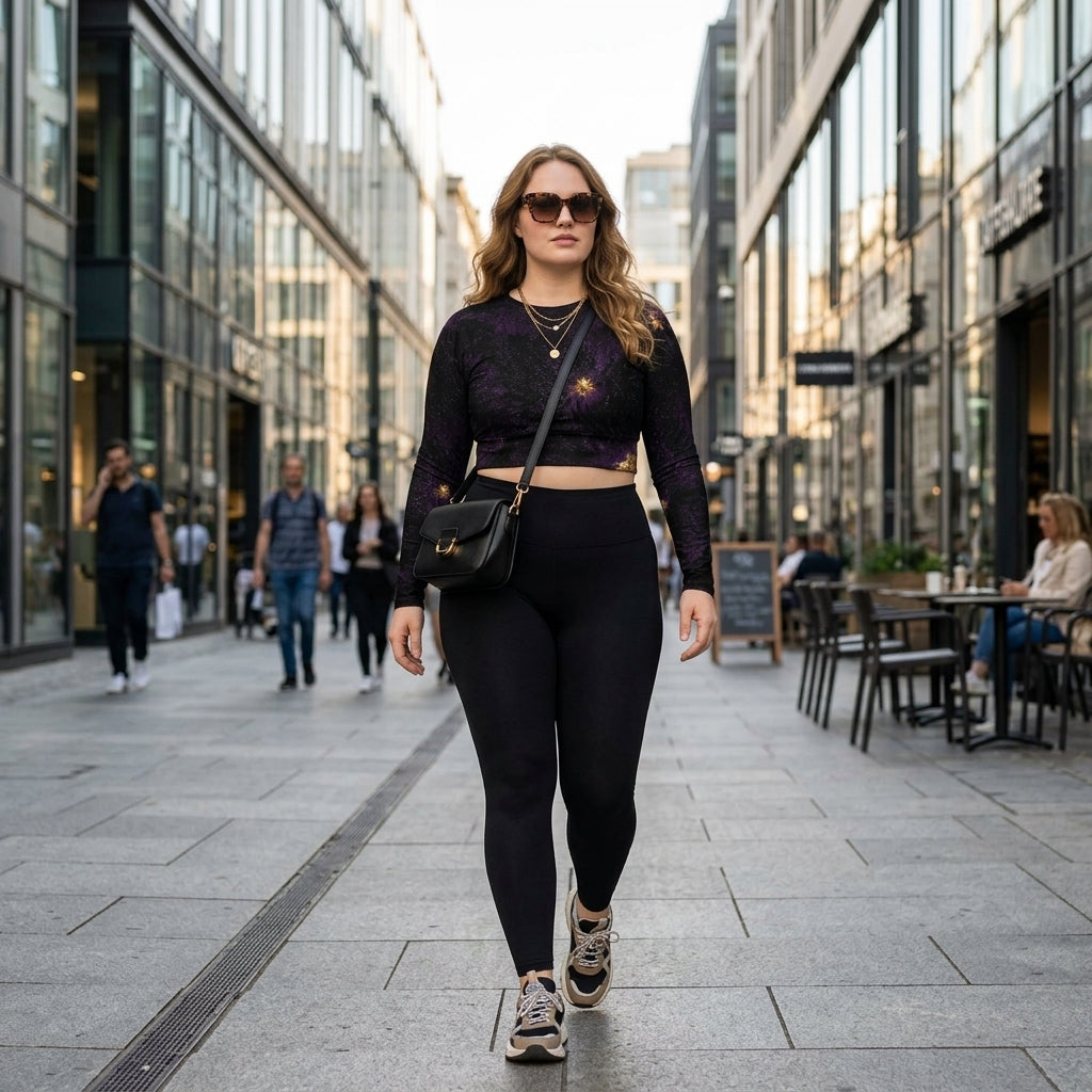 Model walking down a city street wearing a Sorbet Black Delight long-sleeve crop top.