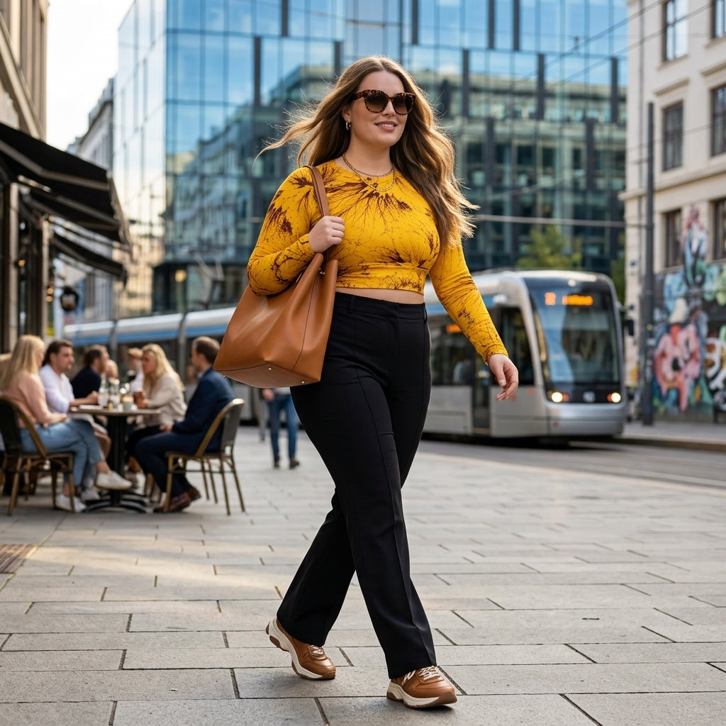 Model walking down an urban street wearing a Sorbet Honeybee long-sleeve crop top.