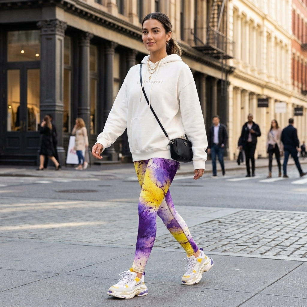 Model walking on a city street wearing Sorbet Midnight Glow leggings.