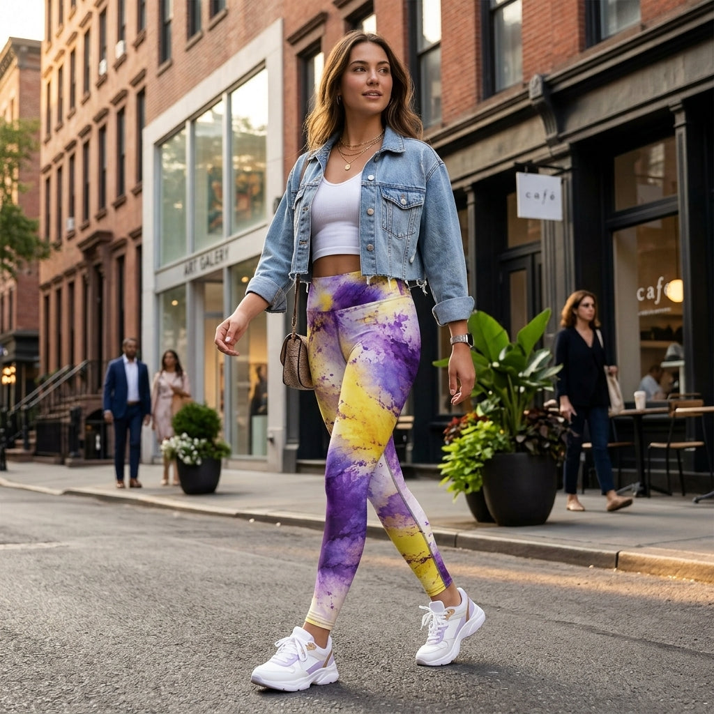Model walking on a city street wearing Sorbet Midnight Glow leggings (view 2).
