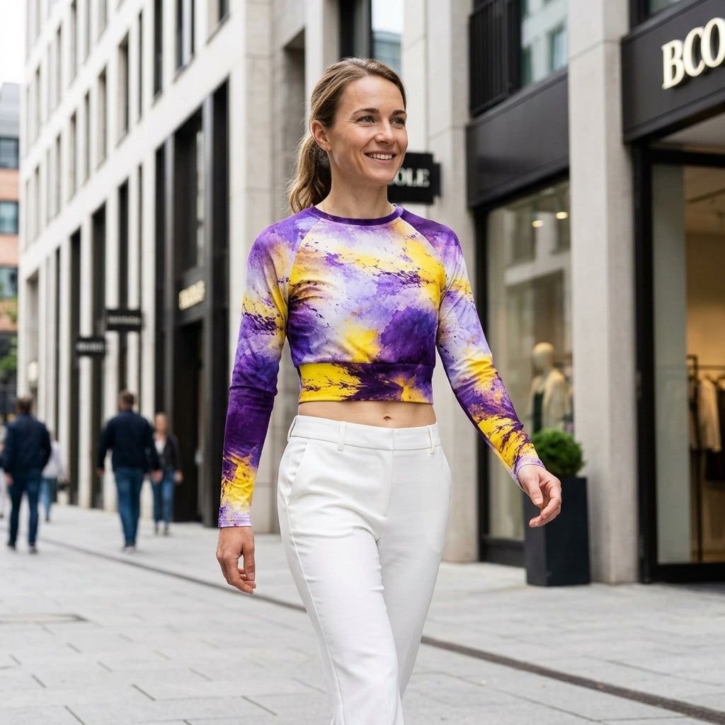 Model walking on a city street wearing a Sorbet Midnight Glow long-sleeve crop top.