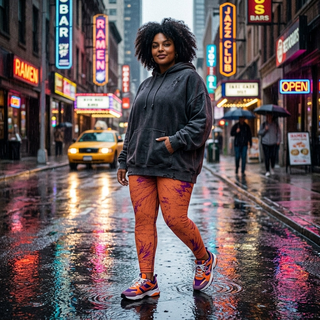 Model walking on a city street wearing Admire Orange Purple Wing leggings.