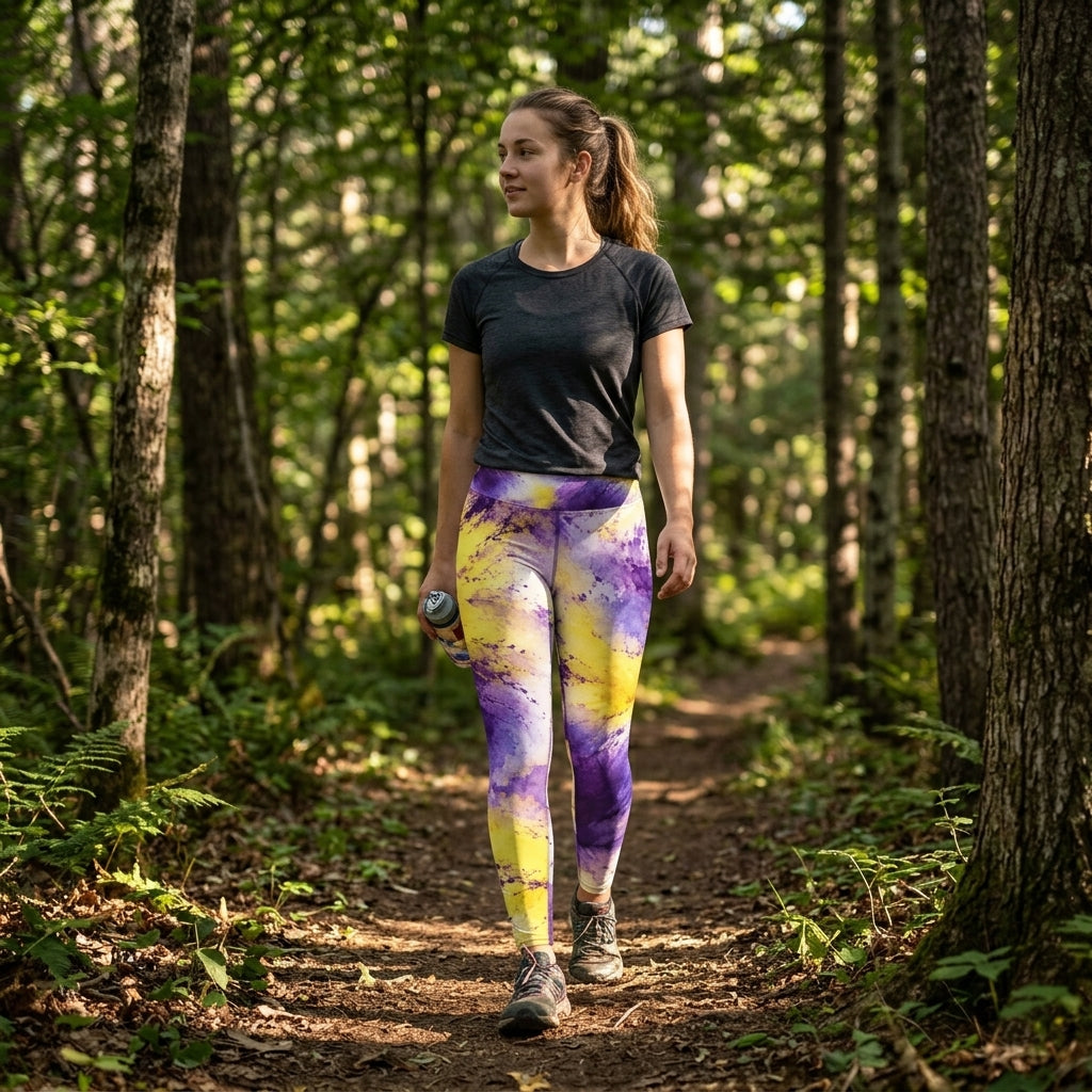 Woman walking on a forest path wearing Sorbet Midnight Glow Viola print leggings
