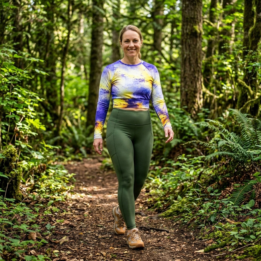 Model walking on a forest path wearing a Penny Purple Picotee long-sleeve crop top.