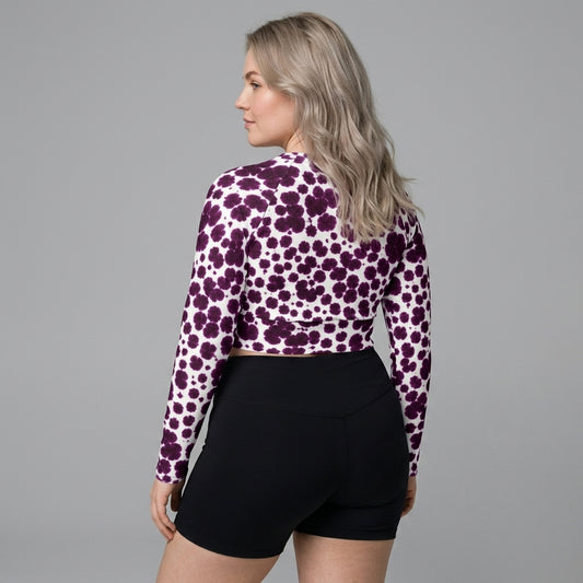 Long-sleeve crop top in the Lioulin Wild Cat Orchid (burgundy and cream) print, studio product shot (view 2).