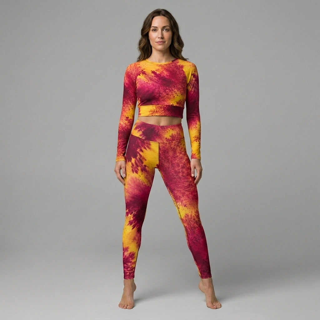 Model wearing Xen Phoenix Orchid leggings (view 3).