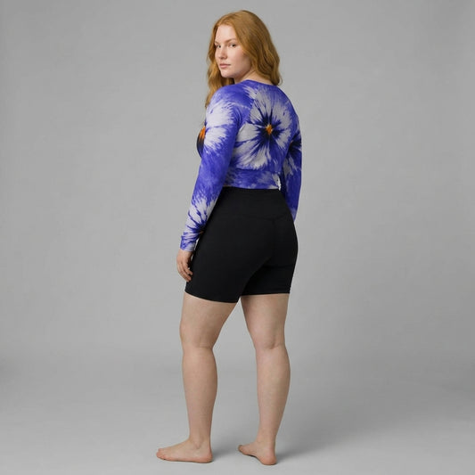 Model wearing a Sorbet Delft Blue long-sleeve crop top and shorts.
