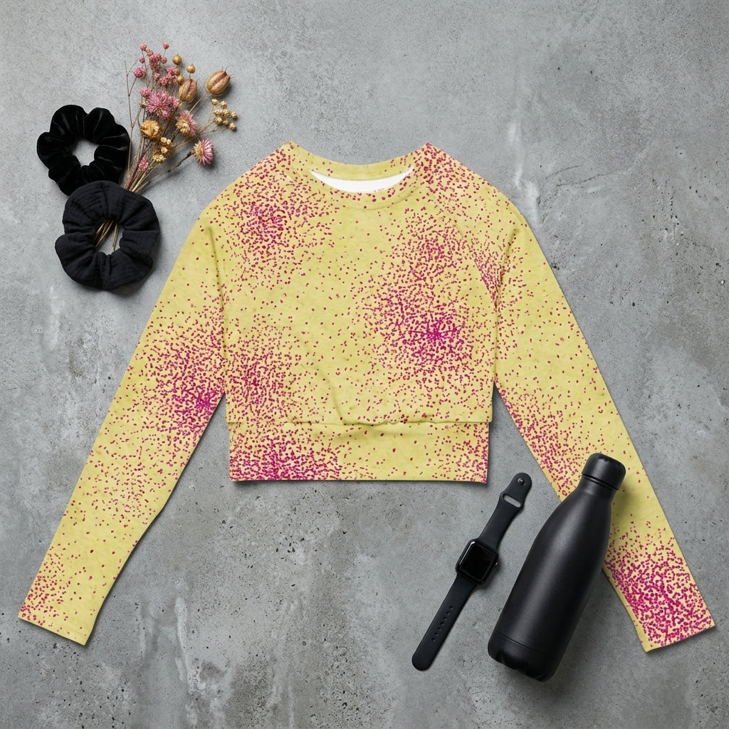 Long-sleeve crop top in the Dust Bunny Orchid (deep burgundy) print, flat lay.