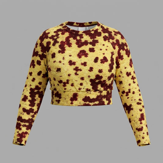 Long-sleeve crop top in the Godefroyae Orchid (cream and burgundy) print, studio product shot.