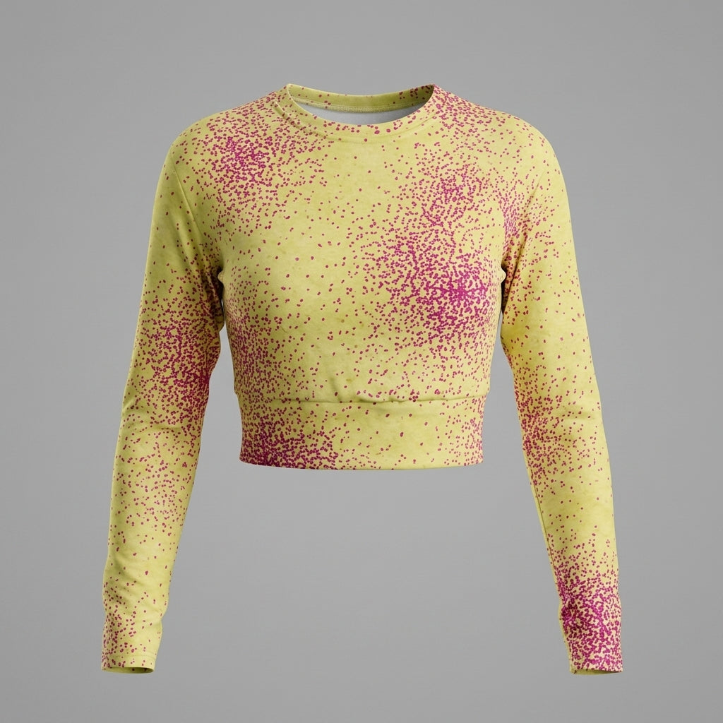 Long-sleeve crop top in the Dust Bunny Orchid (deep burgundy) print, studio product shot.