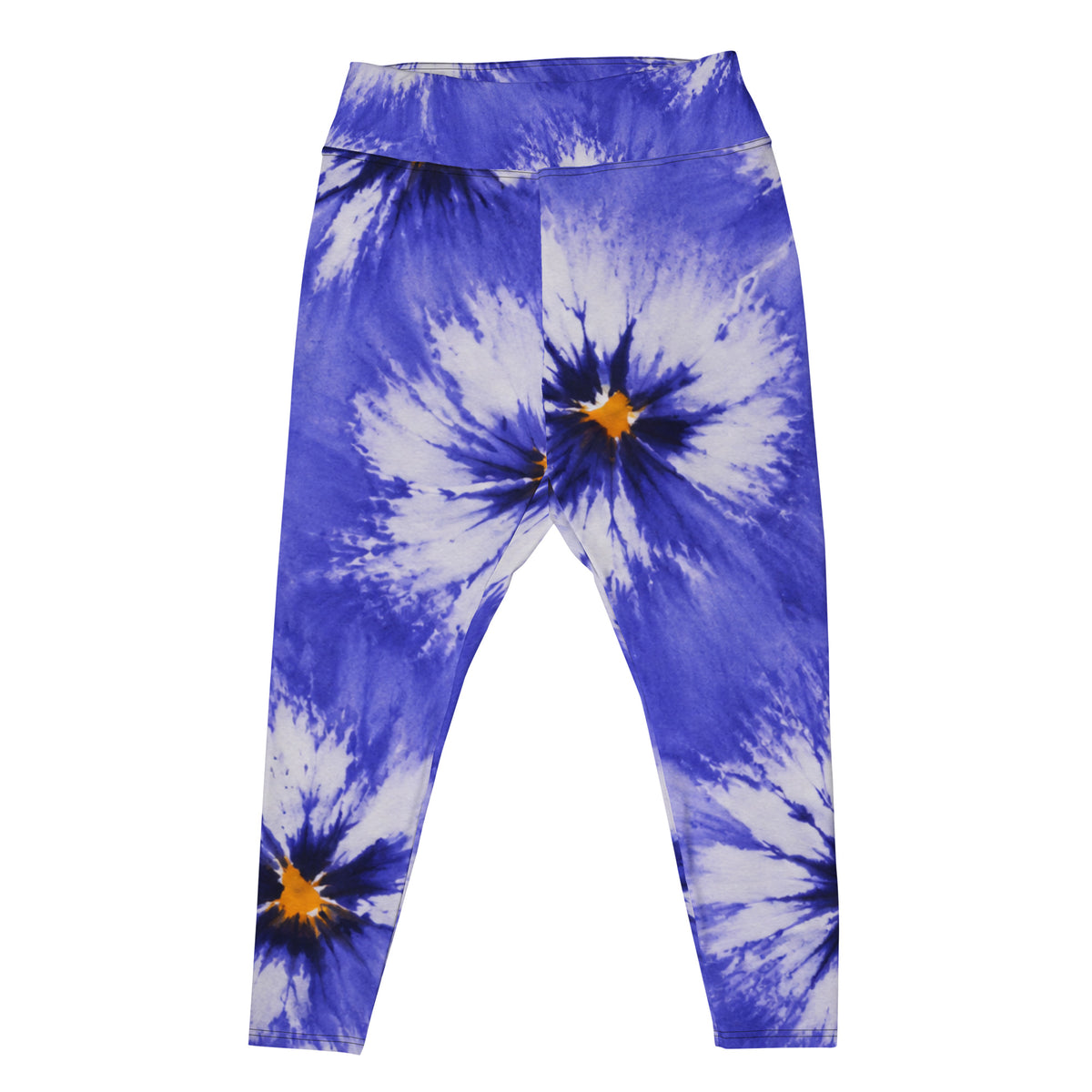 Sorbet Delft Blue Viola plus size yoga leggings, side view — four-way stretch fabric, wide elastic waistband