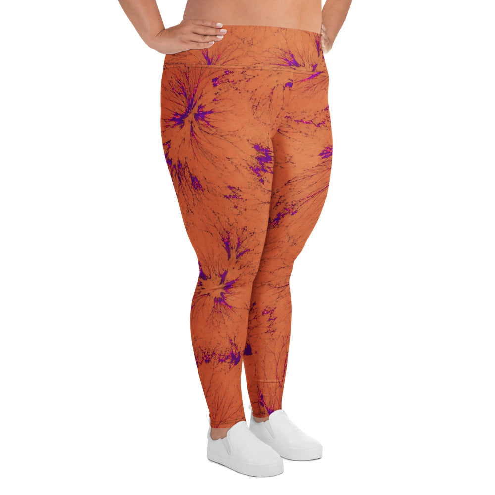 Leggings in the Admire Orange Purple Wing print, studio product shot, right side view.