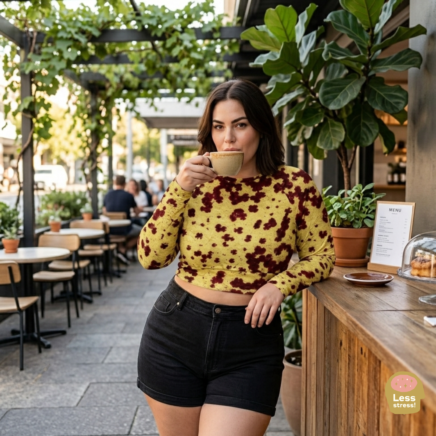 Godefroyae Orchid Long Sleeve Crop Top - lifestyle photo, full set walking