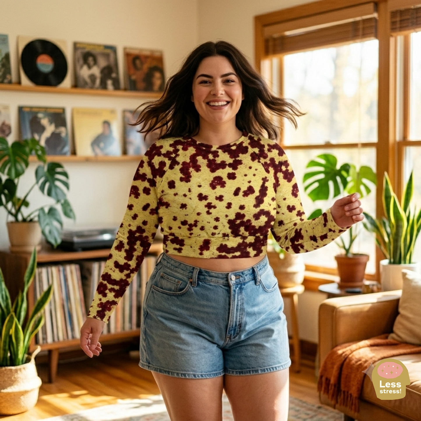 Godefroyae Orchid Long Sleeve Crop Top - lifestyle photo, full set seated