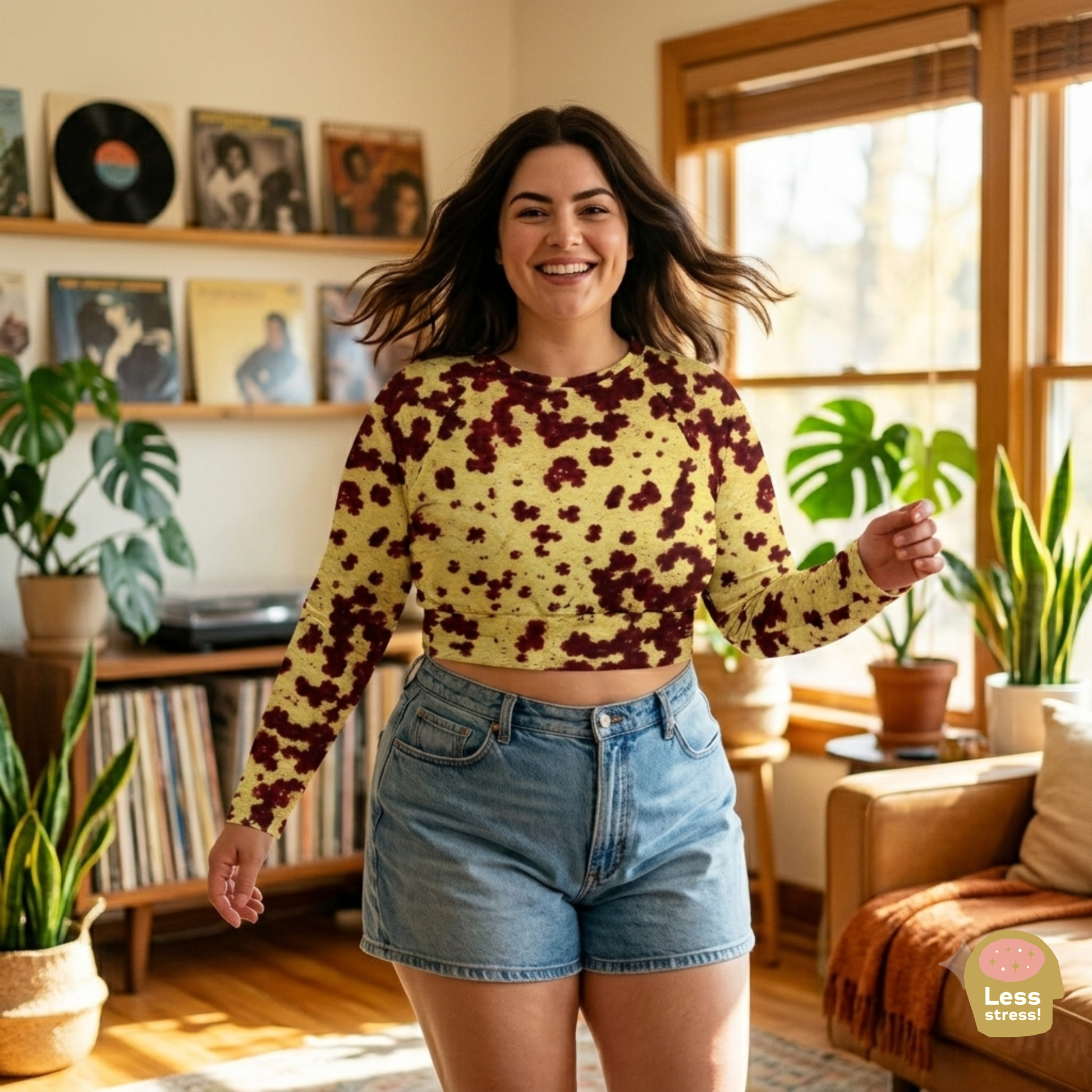 Godefroyae Orchid Long Sleeve Crop Top - lifestyle photo, full set seated