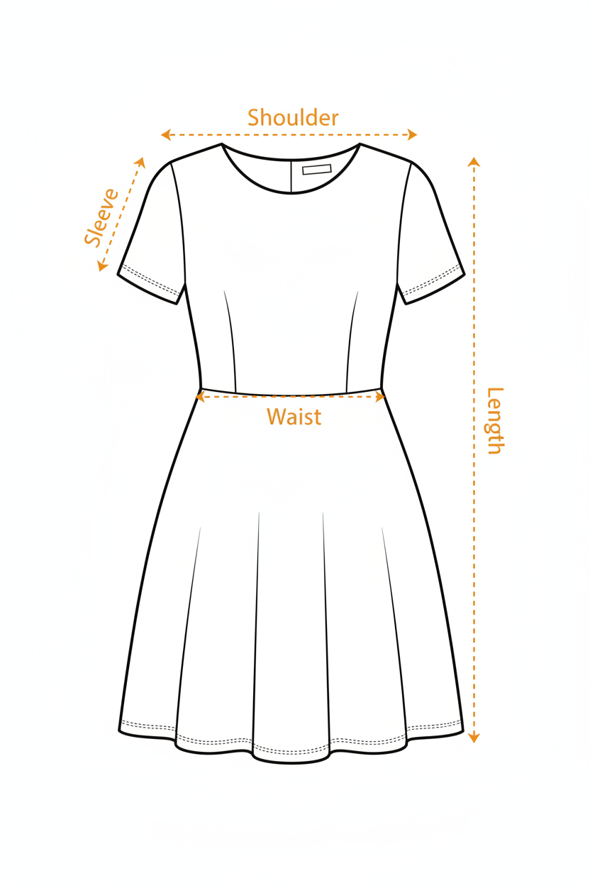 Measurement chart of a dress with labeled parts on a white background

