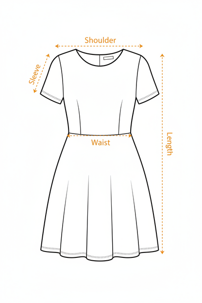 Measurement chart of a dress with labeled parts on a white background


