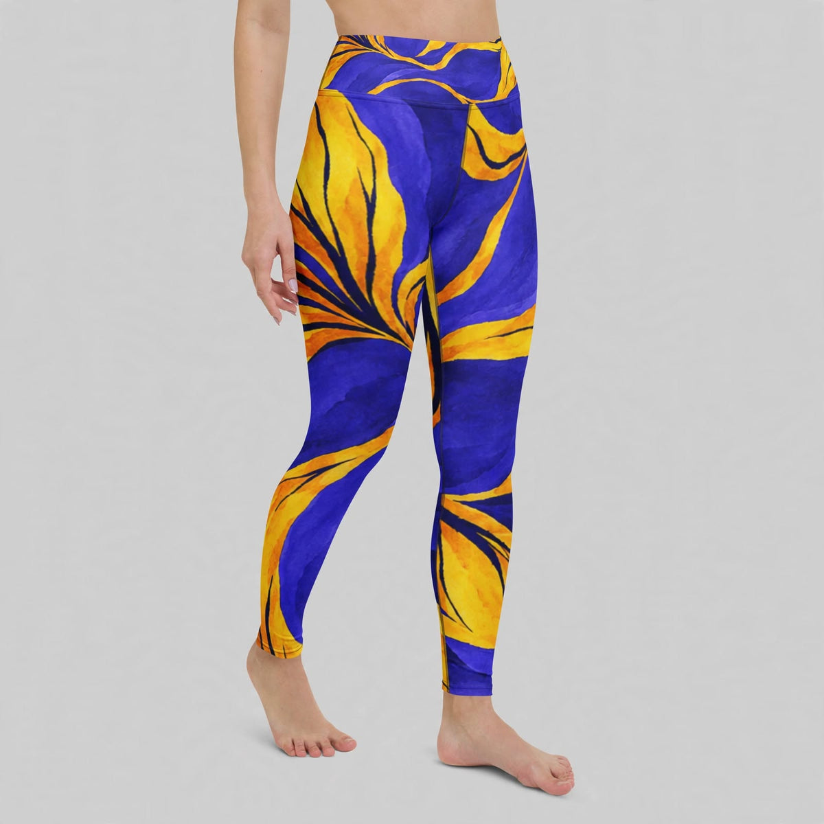 Purple floral-print leggings, studio view