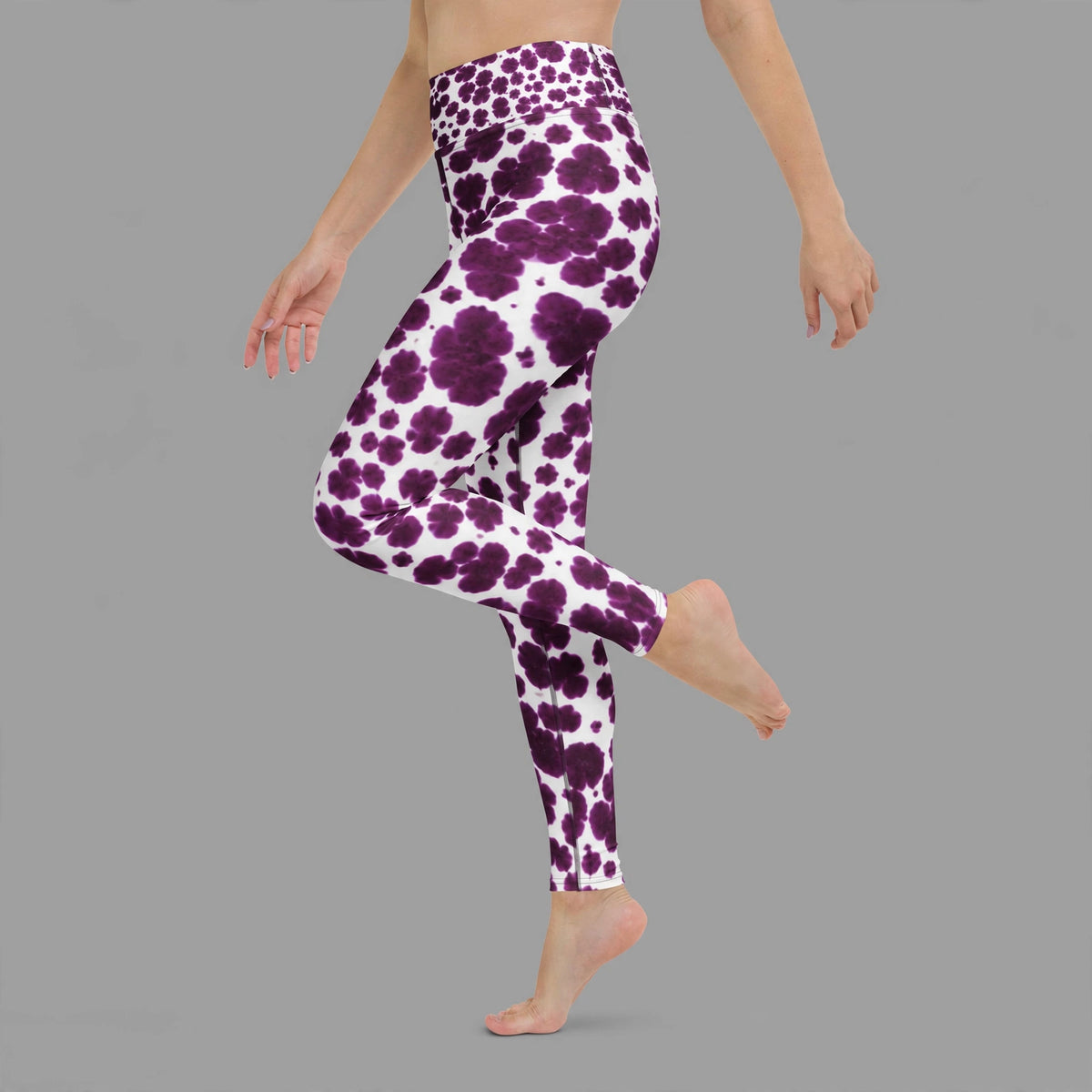 Leggings in the Lioulin Wild Cat Orchid (burgundy and cream) print, studio product shot (view 3).