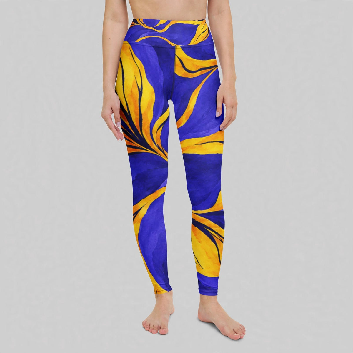 Purple floral-print leggings, studio side view