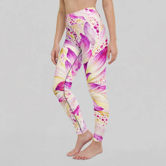 Bold Accent Dahlia print high-waisted yoga leggings, studio product shot showing the white-to-lavender-pink floral pattern