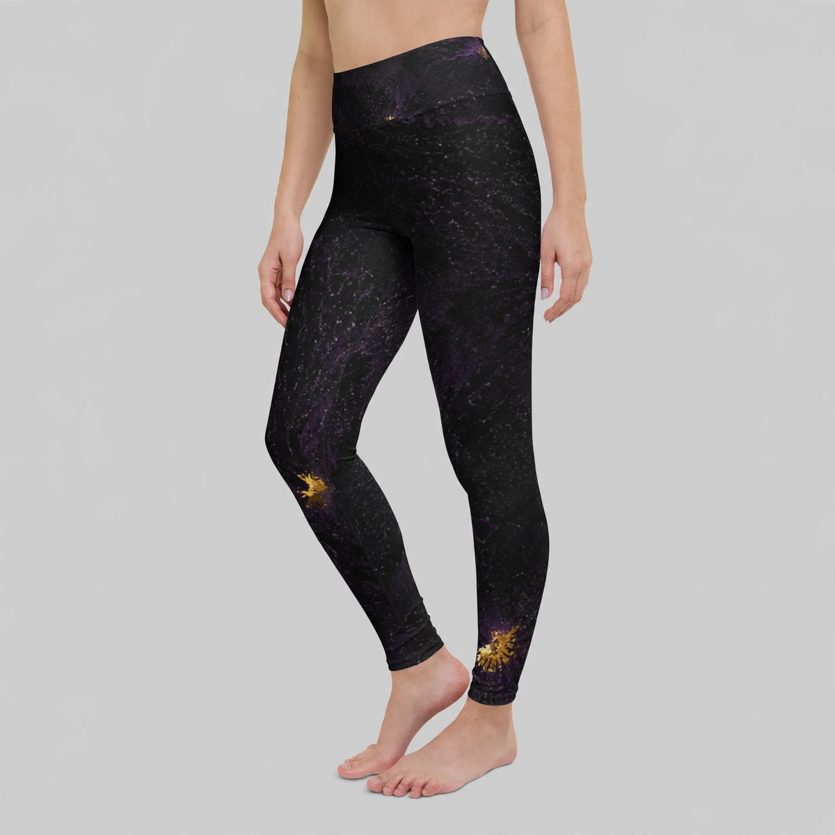 Black galaxy-print leggings, studio shot