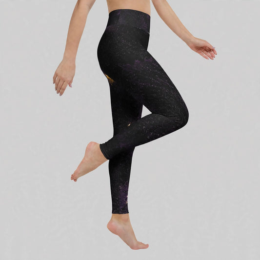 Black galaxy-print leggings, studio view