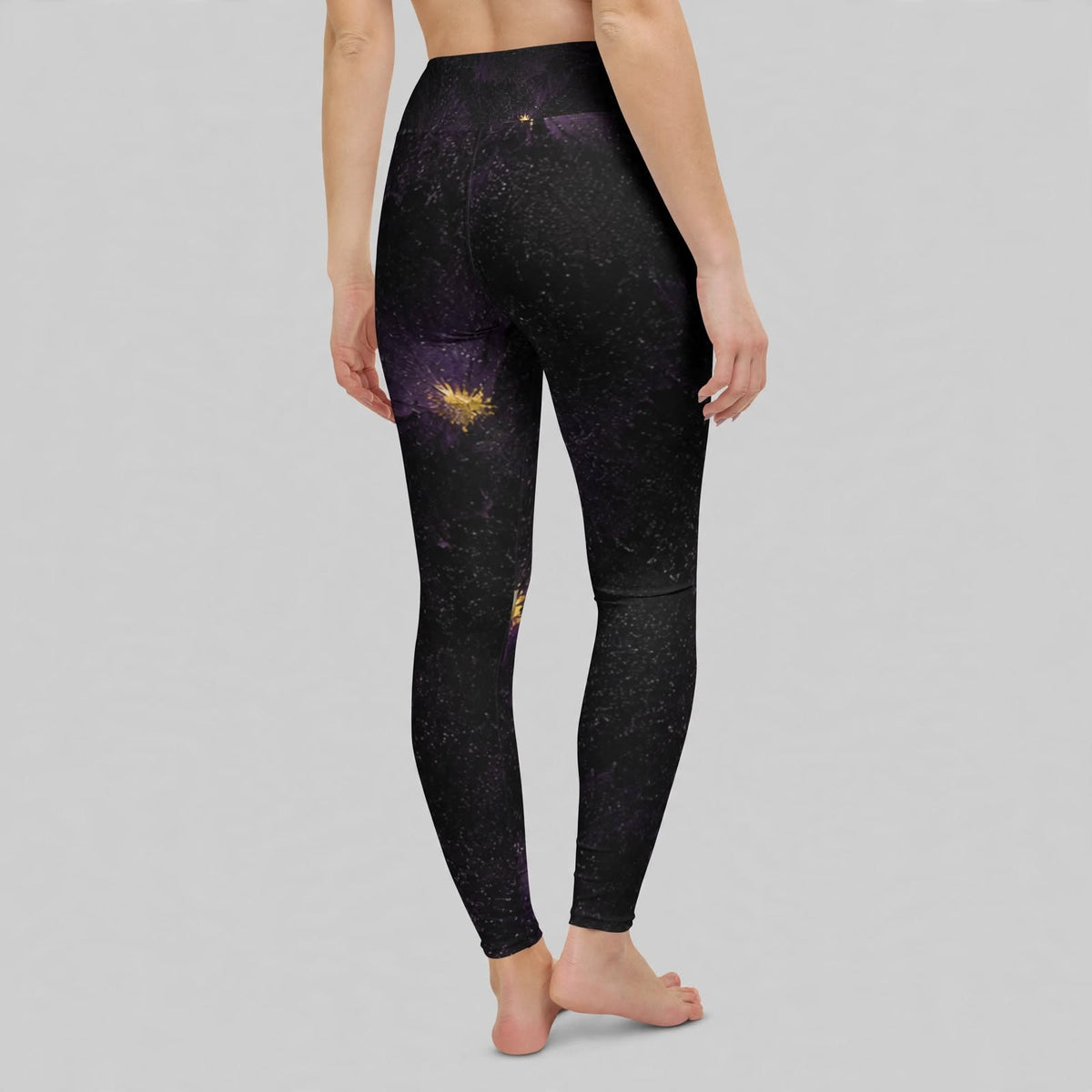 Black galaxy-print leggings, studio side view