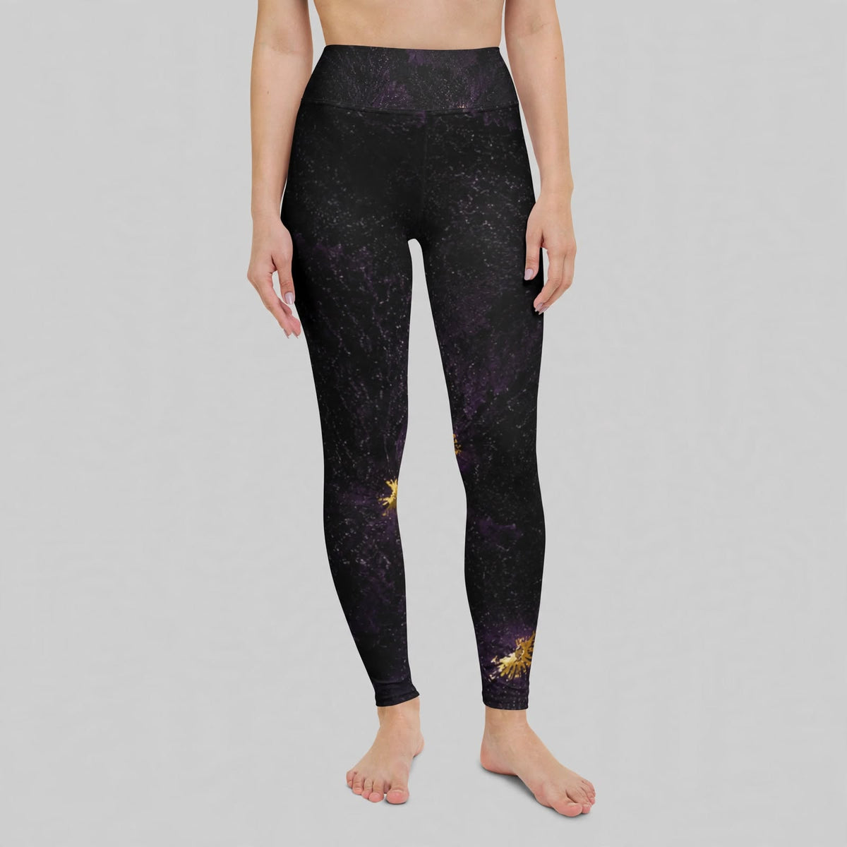 Black galaxy-print leggings, studio back view