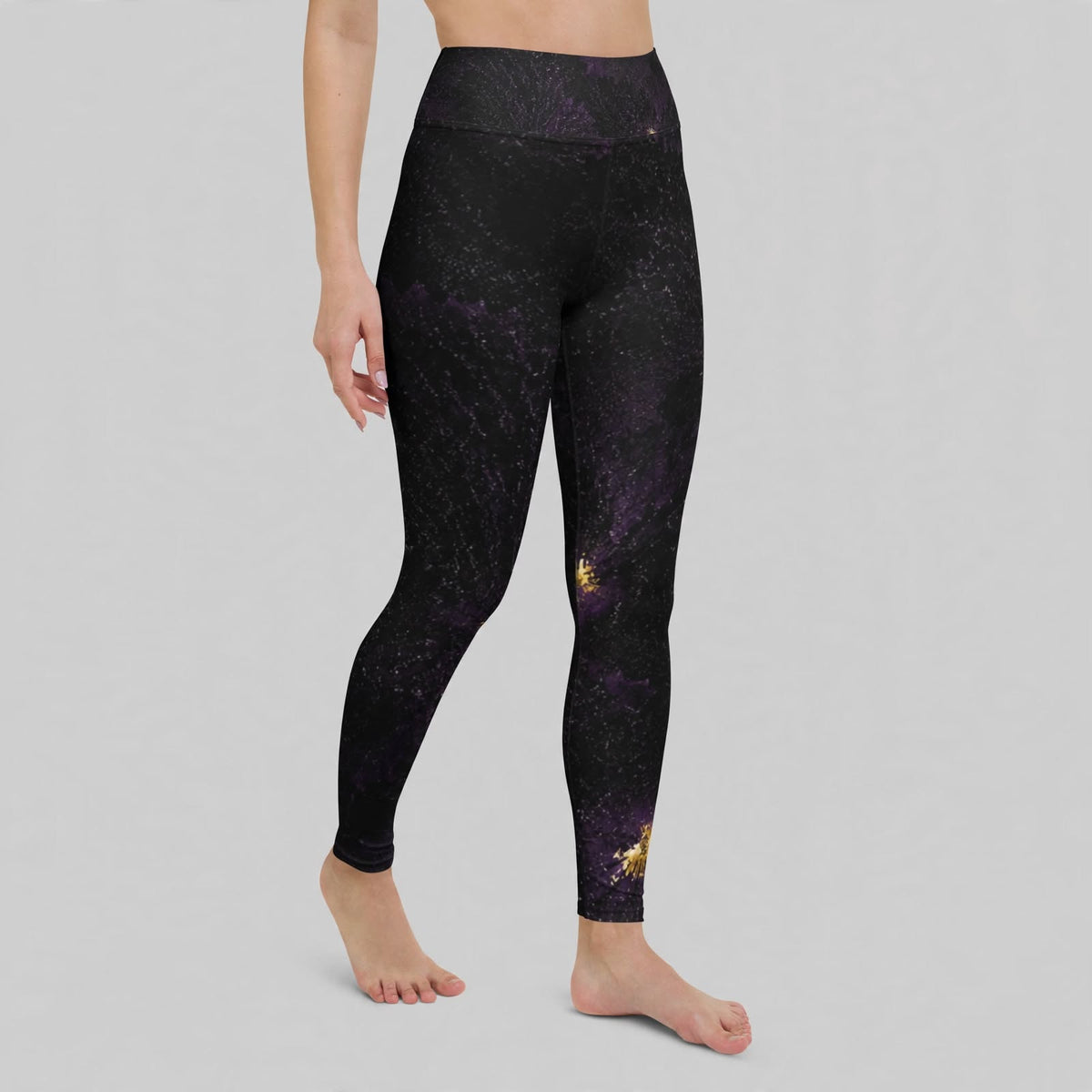 Black galaxy-print leggings, studio front view
