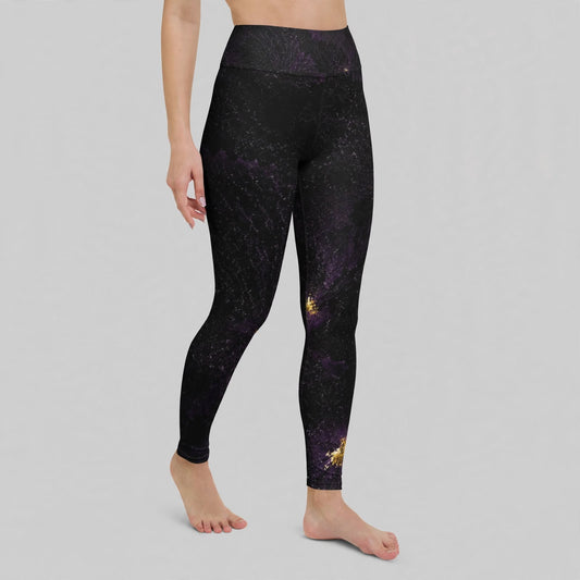 Black galaxy-print leggings, studio front view