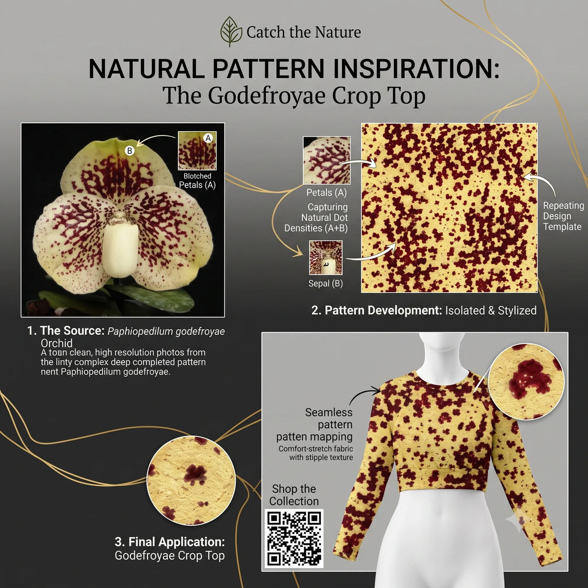 Godefroyae Orchid print pattern development, from photographed flower to fabric design