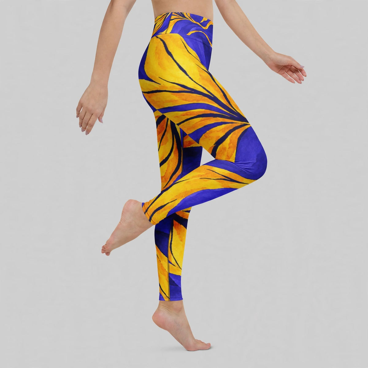 Purple floral-print leggings, studio portrait view