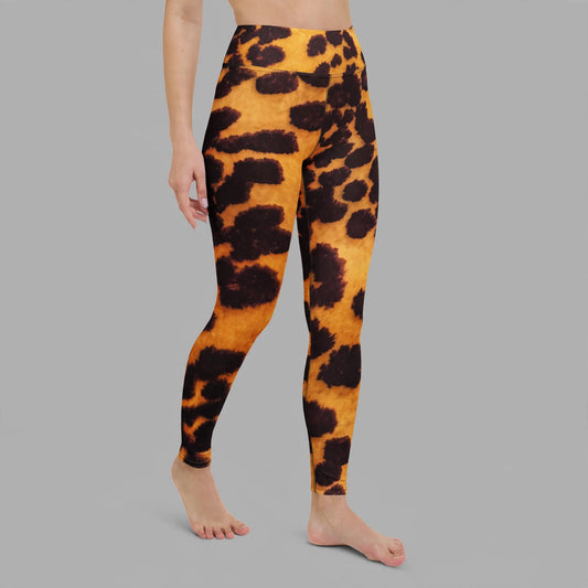 Leggings in the Tiger Orchid (gold and burgundy) print, studio product shot.