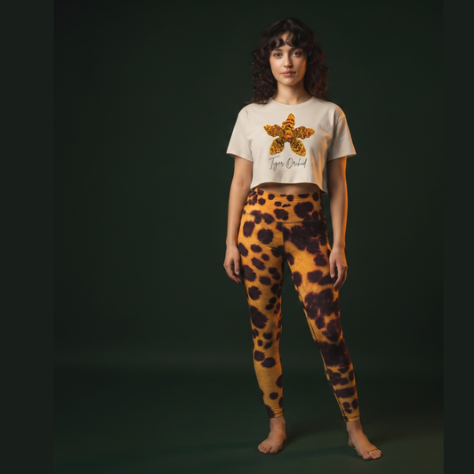 Tiger Orchid Leggings - front view, all-over tiger orchid print