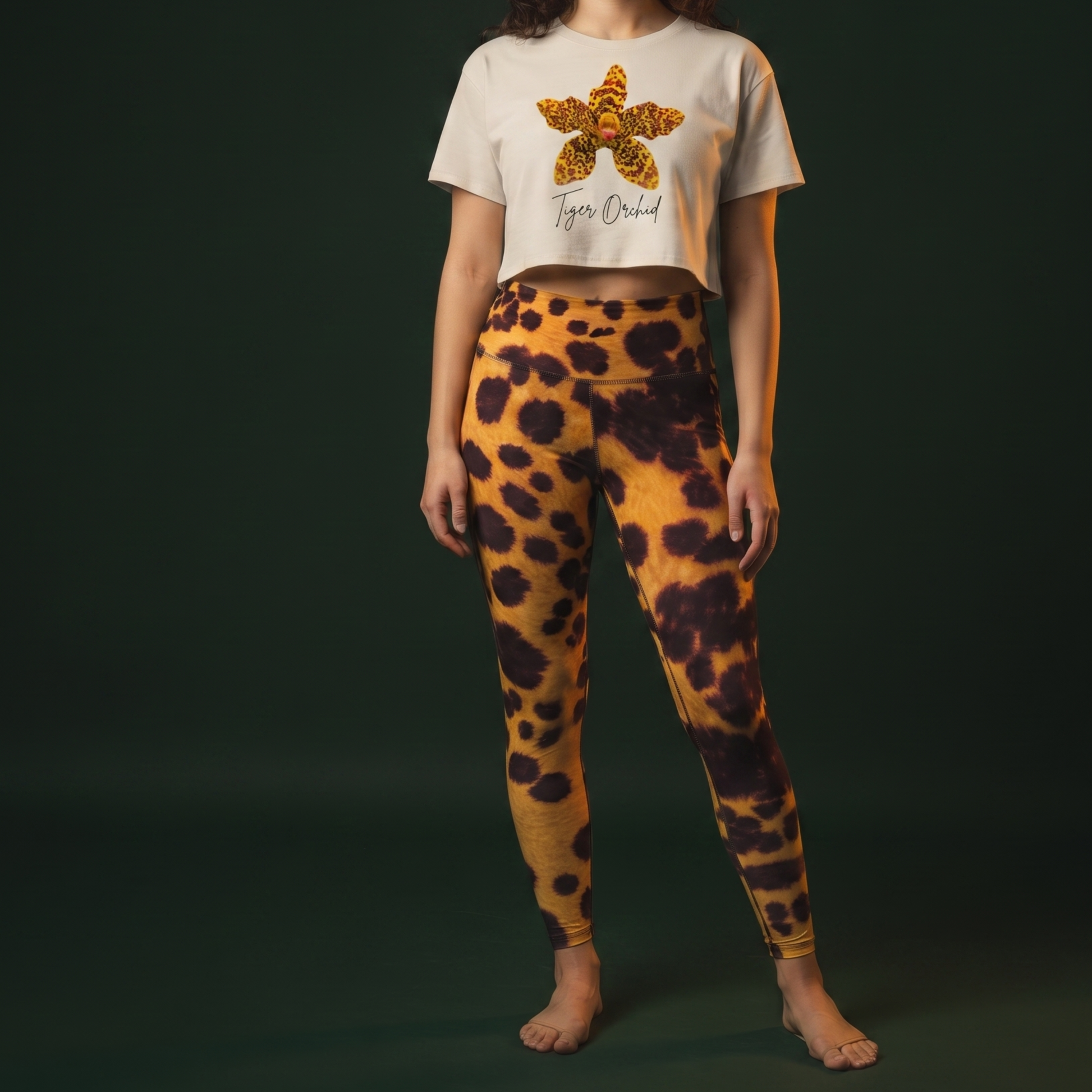 Tiger Orchid Leggings - close-up fabric detail of tiger orchid pattern