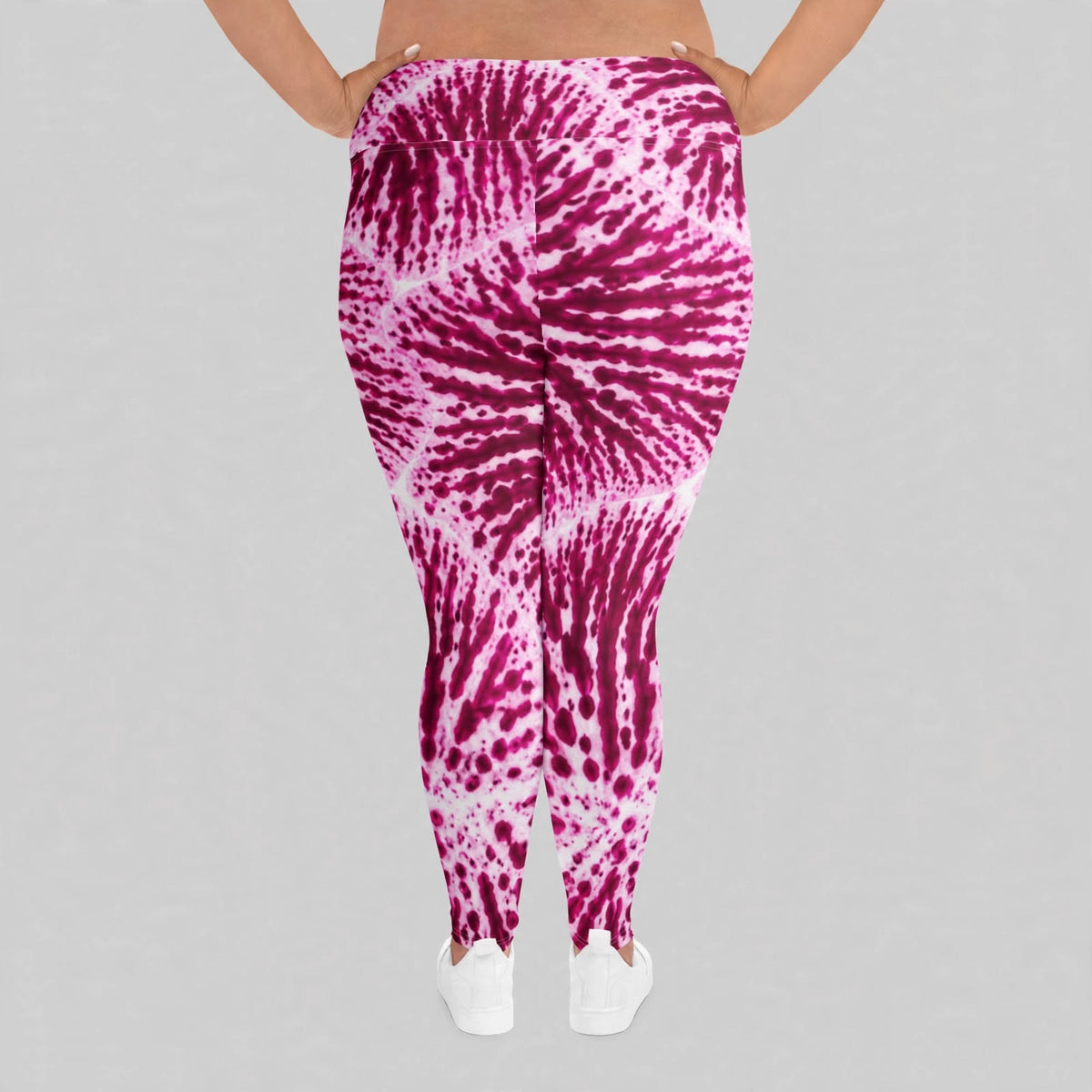 Plus size leggings in the Phalaenopsis Orchid (ivory and magenta) print, studio product shot (view 2).
