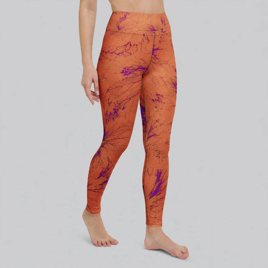 Admire Orange Purple Wing viola print leggings, studio front view