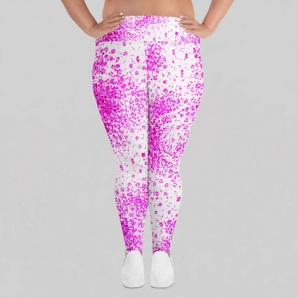 Pink paint-splatter leggings, flat lay view