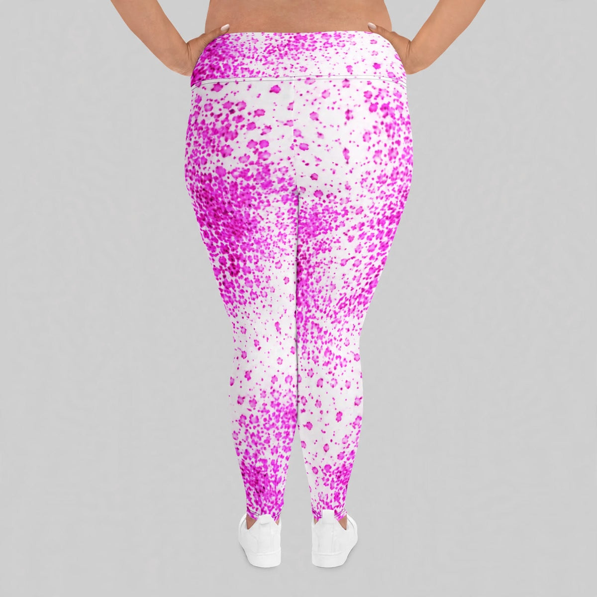 Pink paint-splatter leggings, back view