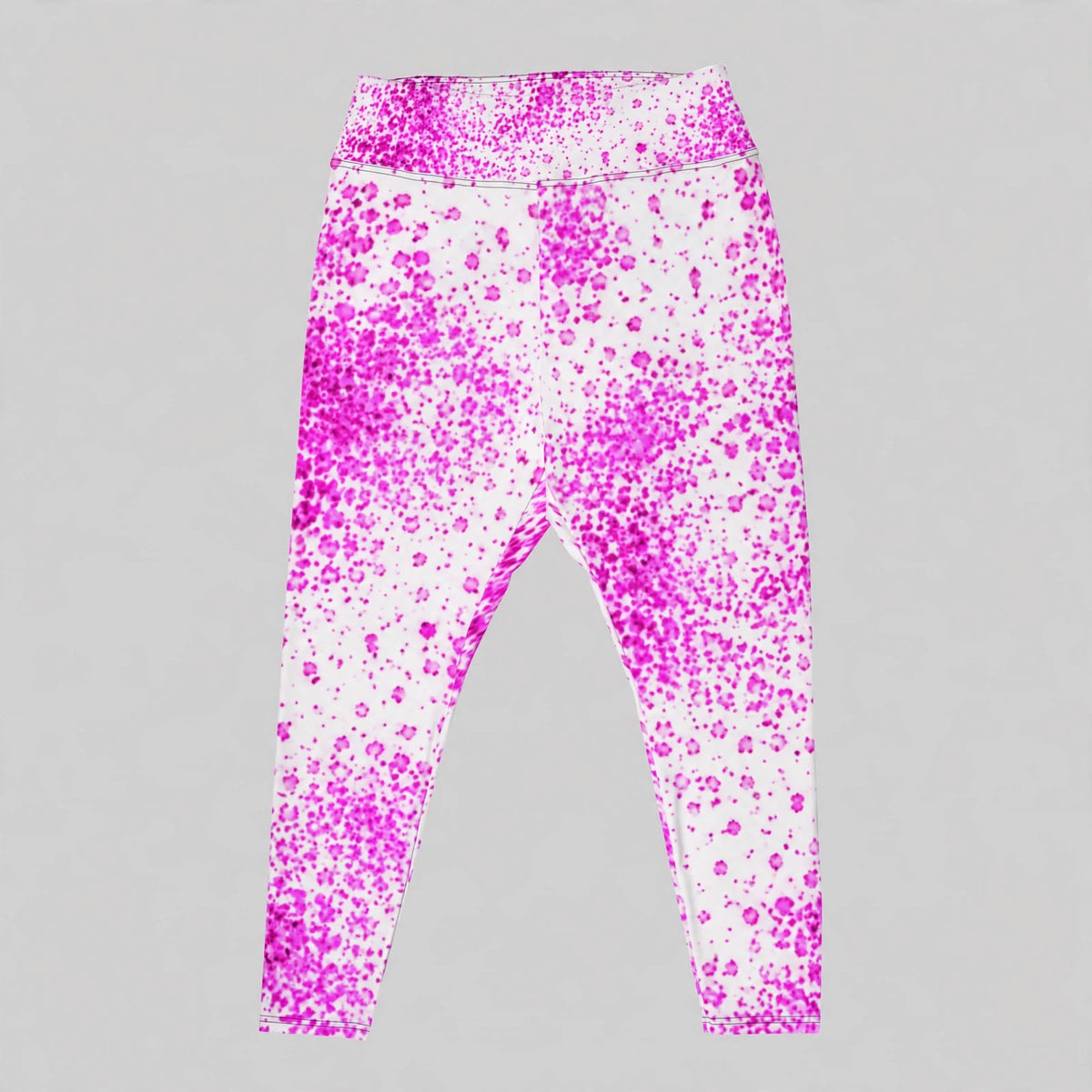 Pink paint-splatter leggings, side view