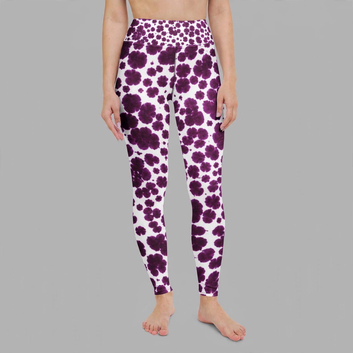 Leggings in the Lioulin Wild Cat Orchid (burgundy and cream) print, studio product shot (view 2).