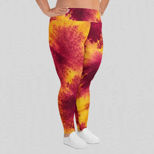 Plus size leggings in the Xen Phoenix Orchid print, studio product shot against a gray backdrop.