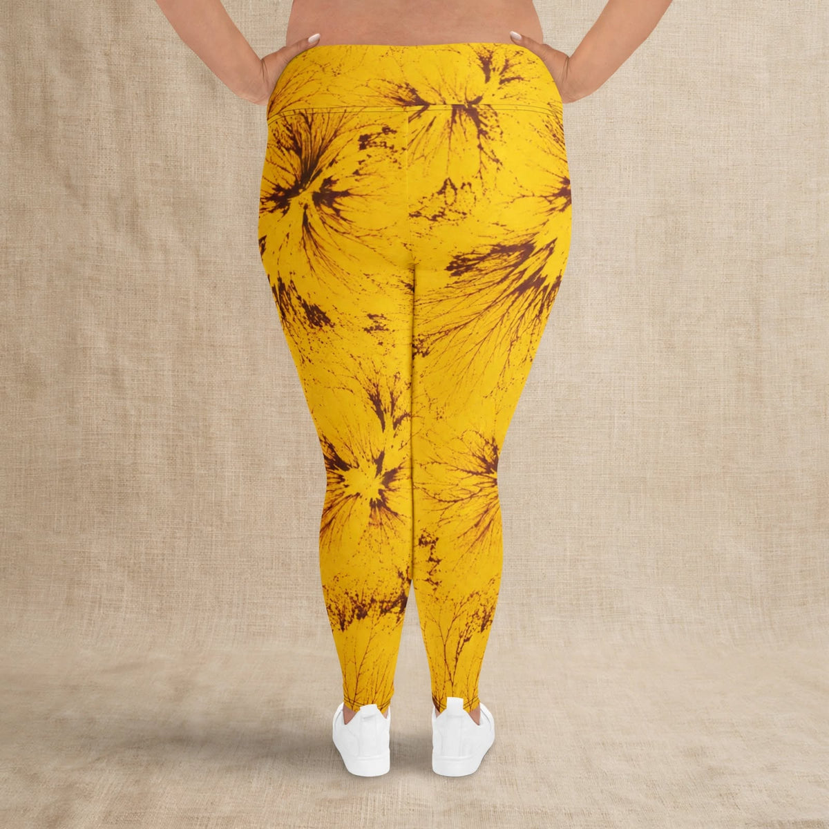 Plus size leggings in the Sorbet Honeybee print, studio product shot with linen backdrop (view 3).