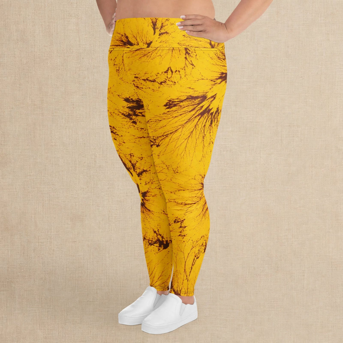 Plus size leggings in the Sorbet Honeybee print, studio product shot with linen backdrop (view 4).