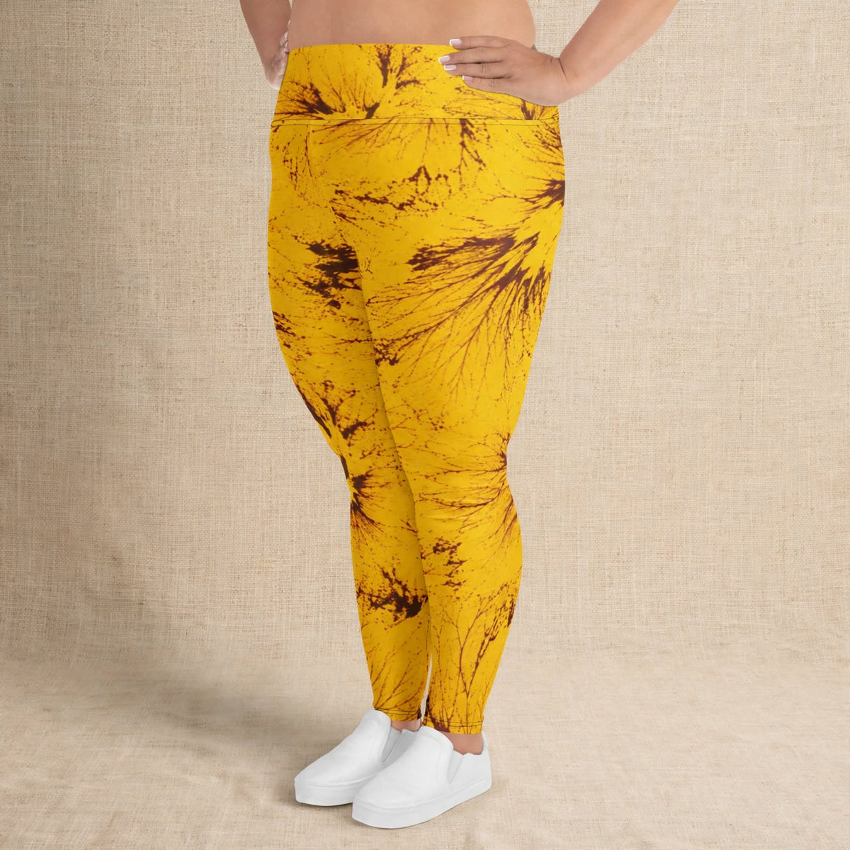 Plus size leggings in the Sorbet Honeybee print, studio product shot with linen backdrop (view 5).