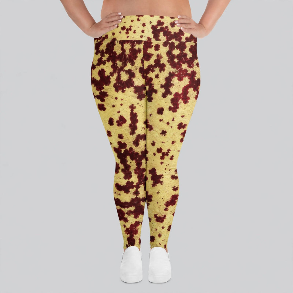 Plus size leggings in the Godefroyae Orchid (cream and burgundy) print, studio product shot (view 4).