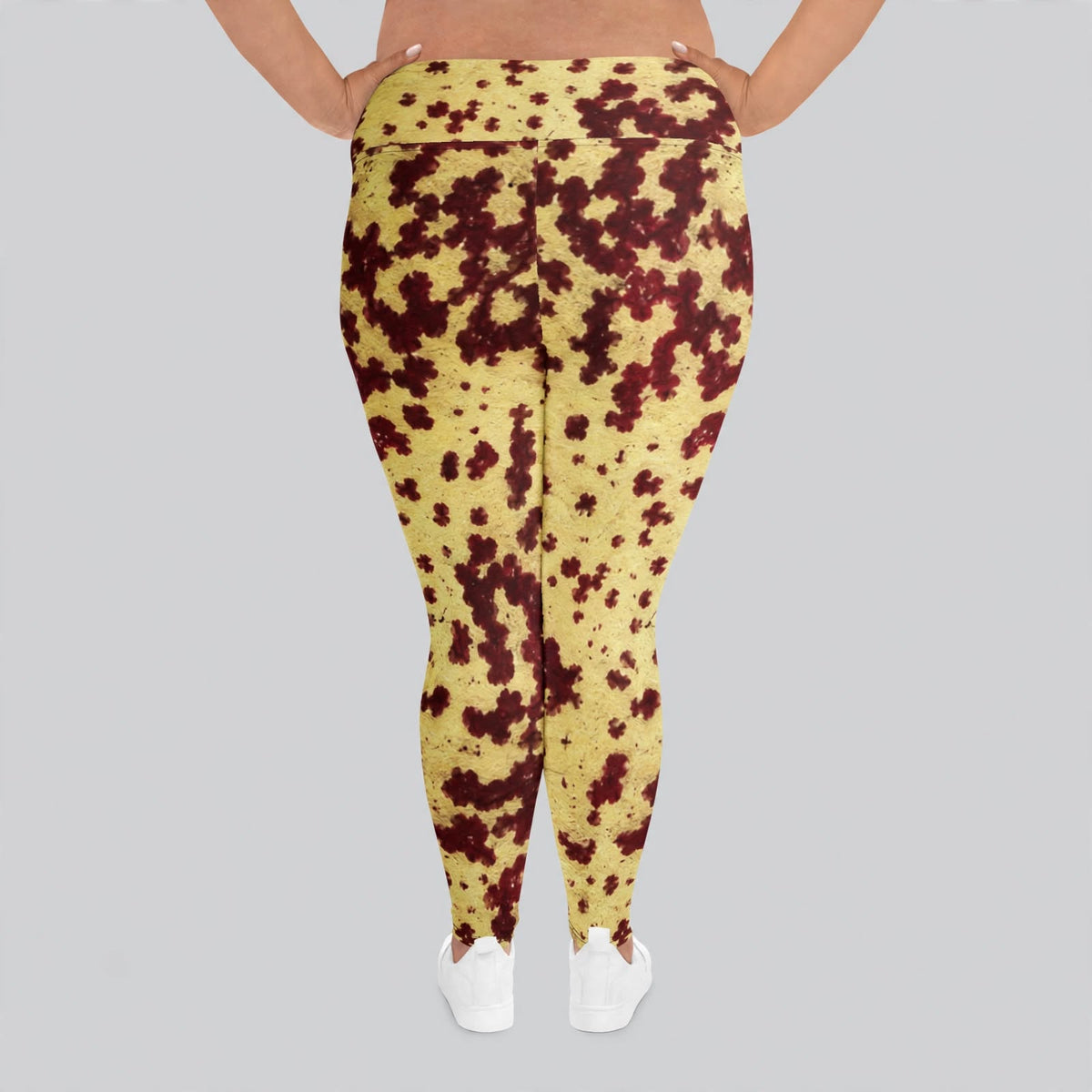 Plus size leggings in the Godefroyae Orchid (cream and burgundy) print, studio product shot (view 5).